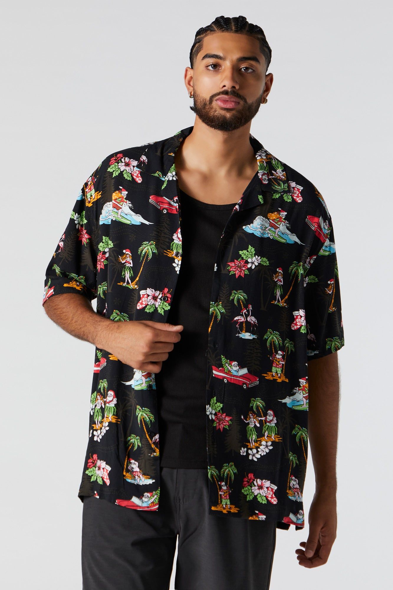 Hawaiian Santa Print Button-Up Top sold by Urban Planet