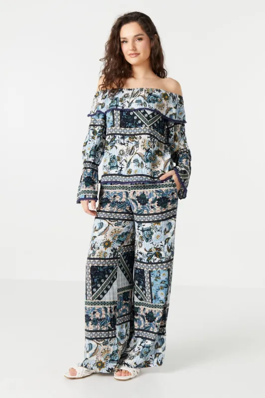 Printed Mid Rise Wide Leg Pant sold by Urban Planet