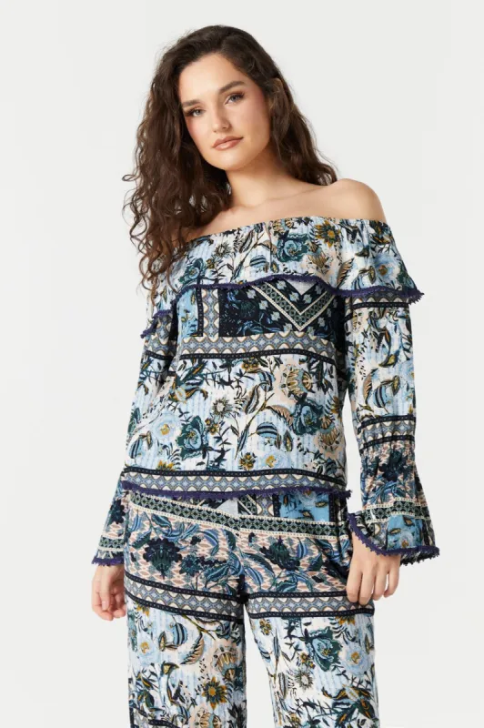 Printed Off Shoulder Ruffle Top sold by Urban Planet