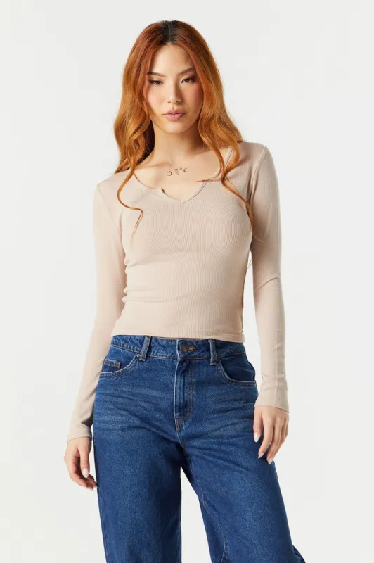 Solid Ribbed Notched Long Sleeve Top sold by Urban Planet