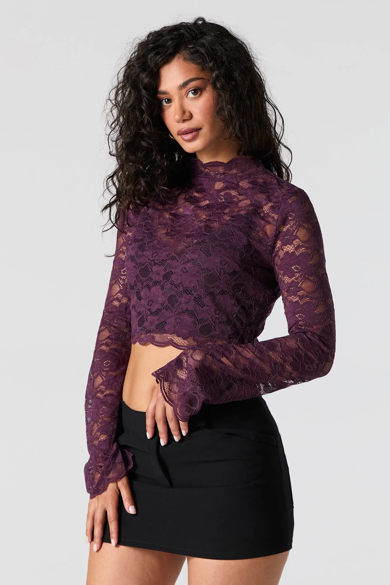Floral Lace Long Sleeve Crop Top sold by Urban Planet
