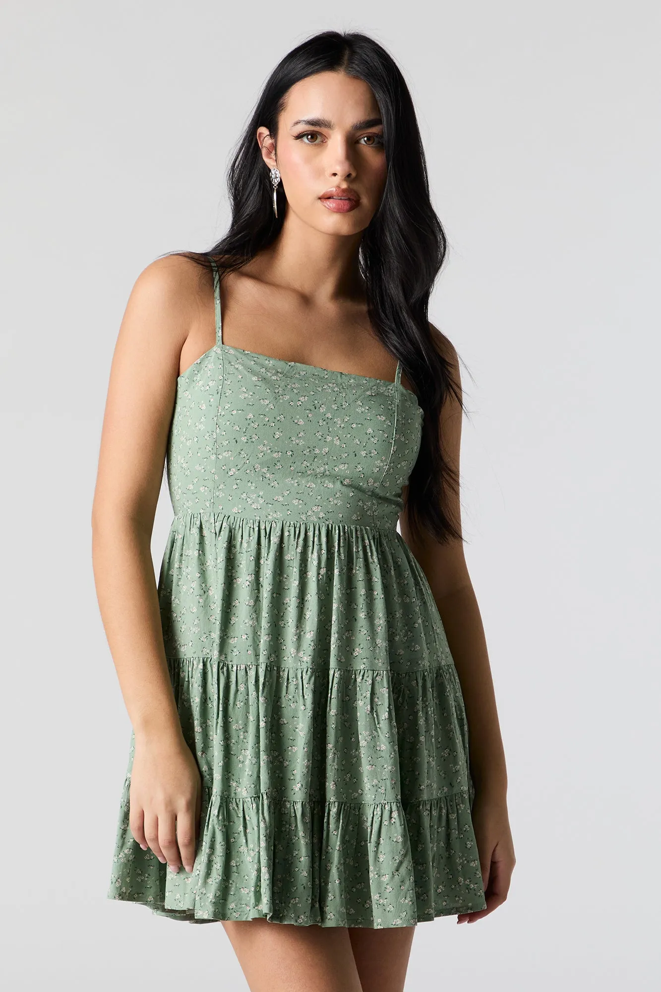 Green Floral Tiered Mini Dress sold by Urban Planet