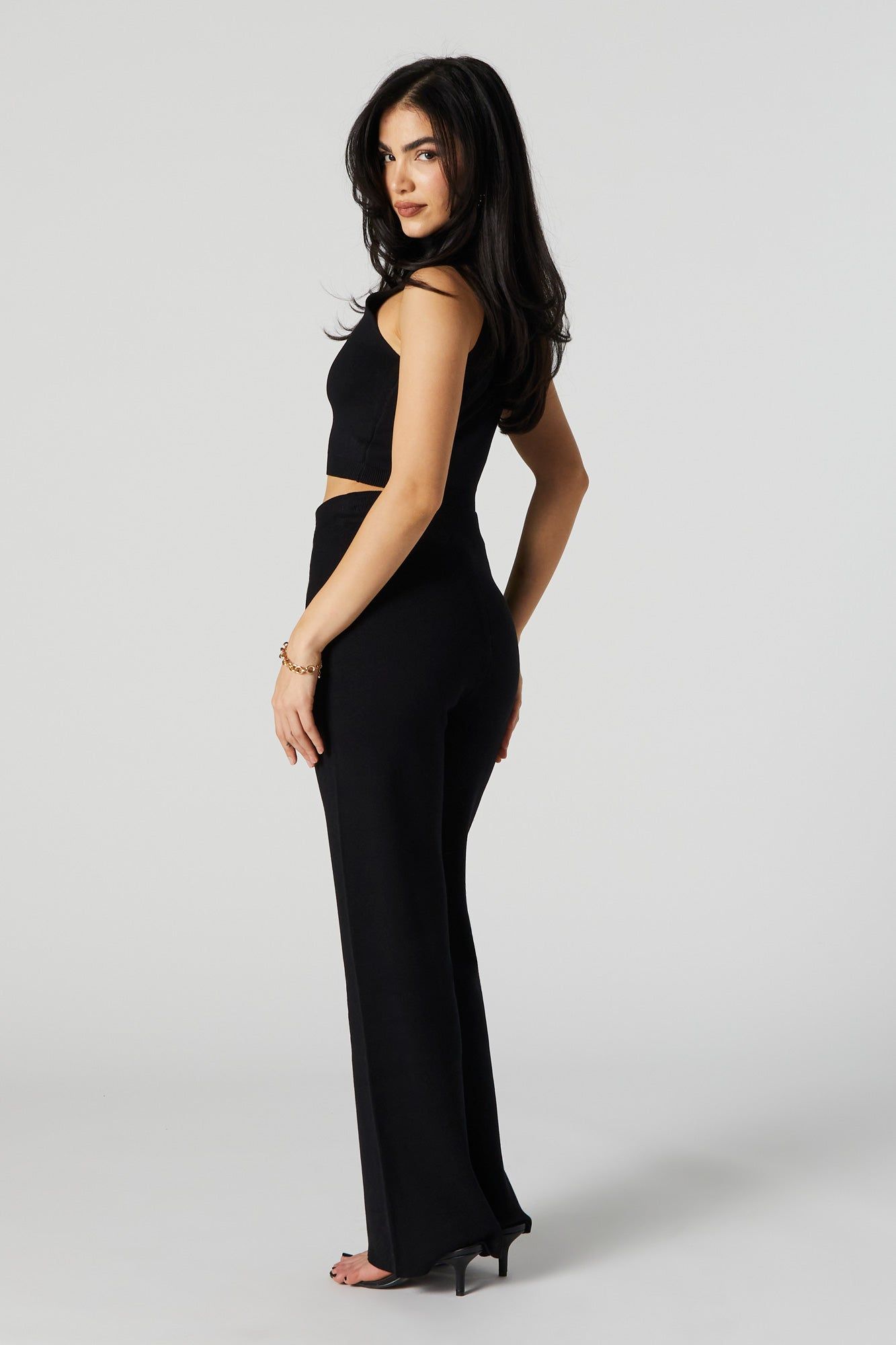 Pantalon à jambe large et taille haute en tricot noir sold by Urban Planet product image thumbnail 2