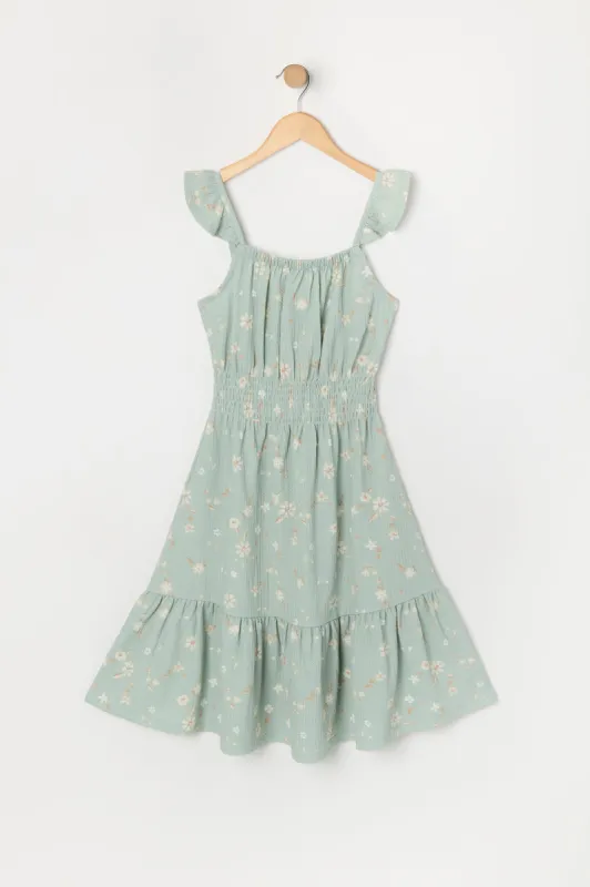 Girls Floral Print Crinkle Flutter Sleeve Dress sold by Urban Planet