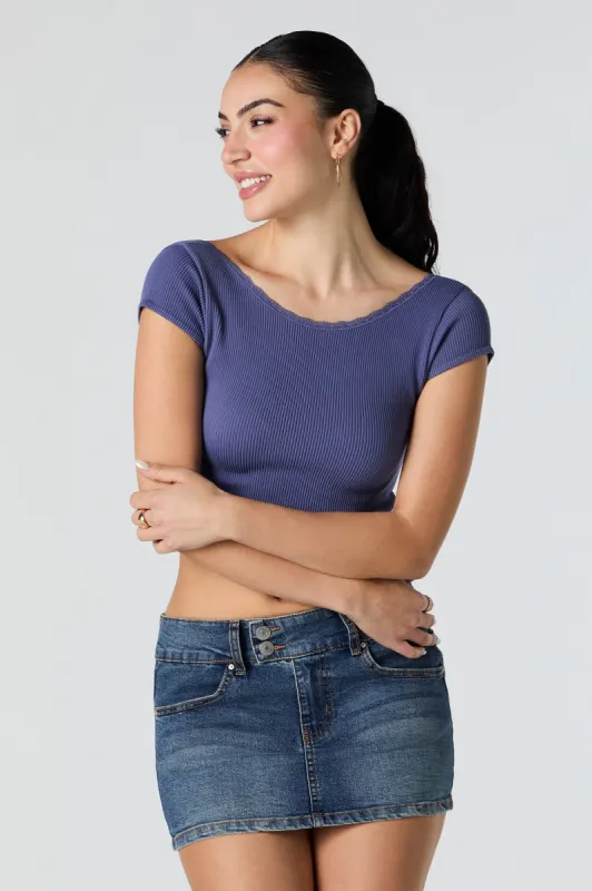 Ribbed Lace Trim Short Sleeve Top sold by Urban Planet