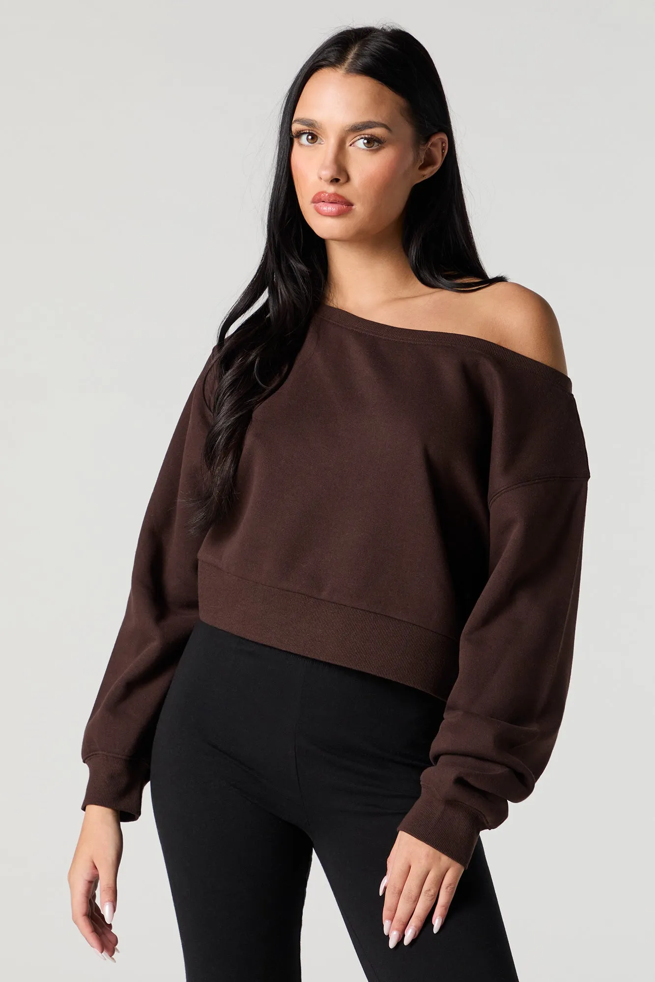 Soft Fleece Off Shoulder Cropped Sweatshirt sold by Urban Planet