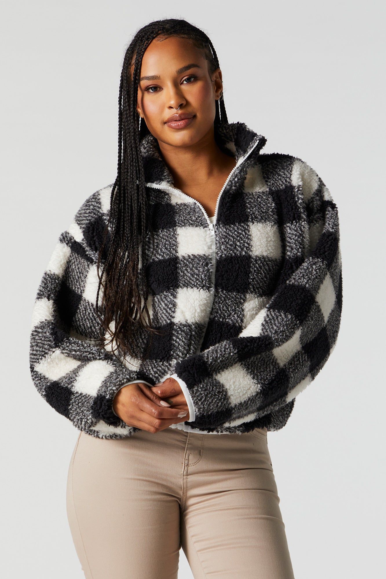 Checkered Sherpa Zip-Up Jacket sold by Urban Planet