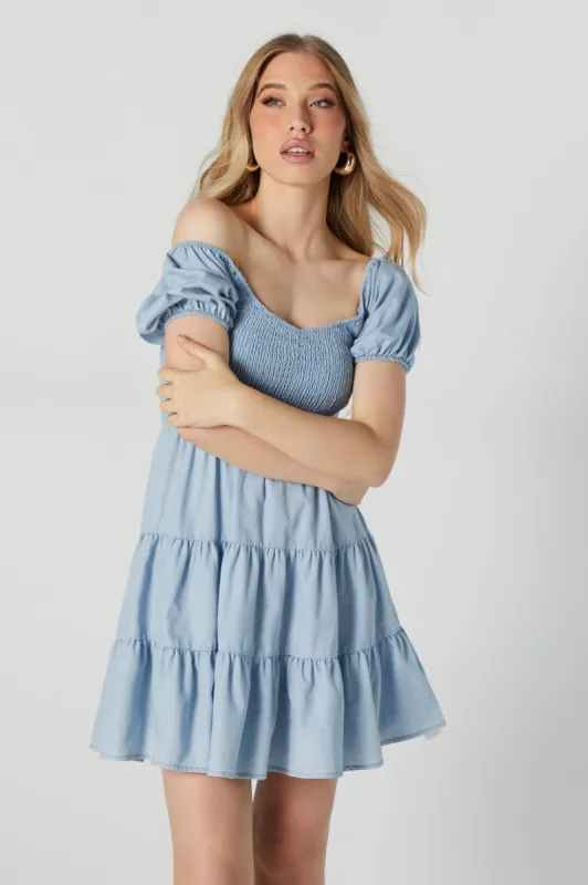 Smocked Puff Sleeve Tiered Mini Dress sold by Urban Planet