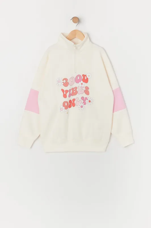 Girls Good Vibes Only Graphic Half Zip Fleece Sweatshirt sold by Urban Planet