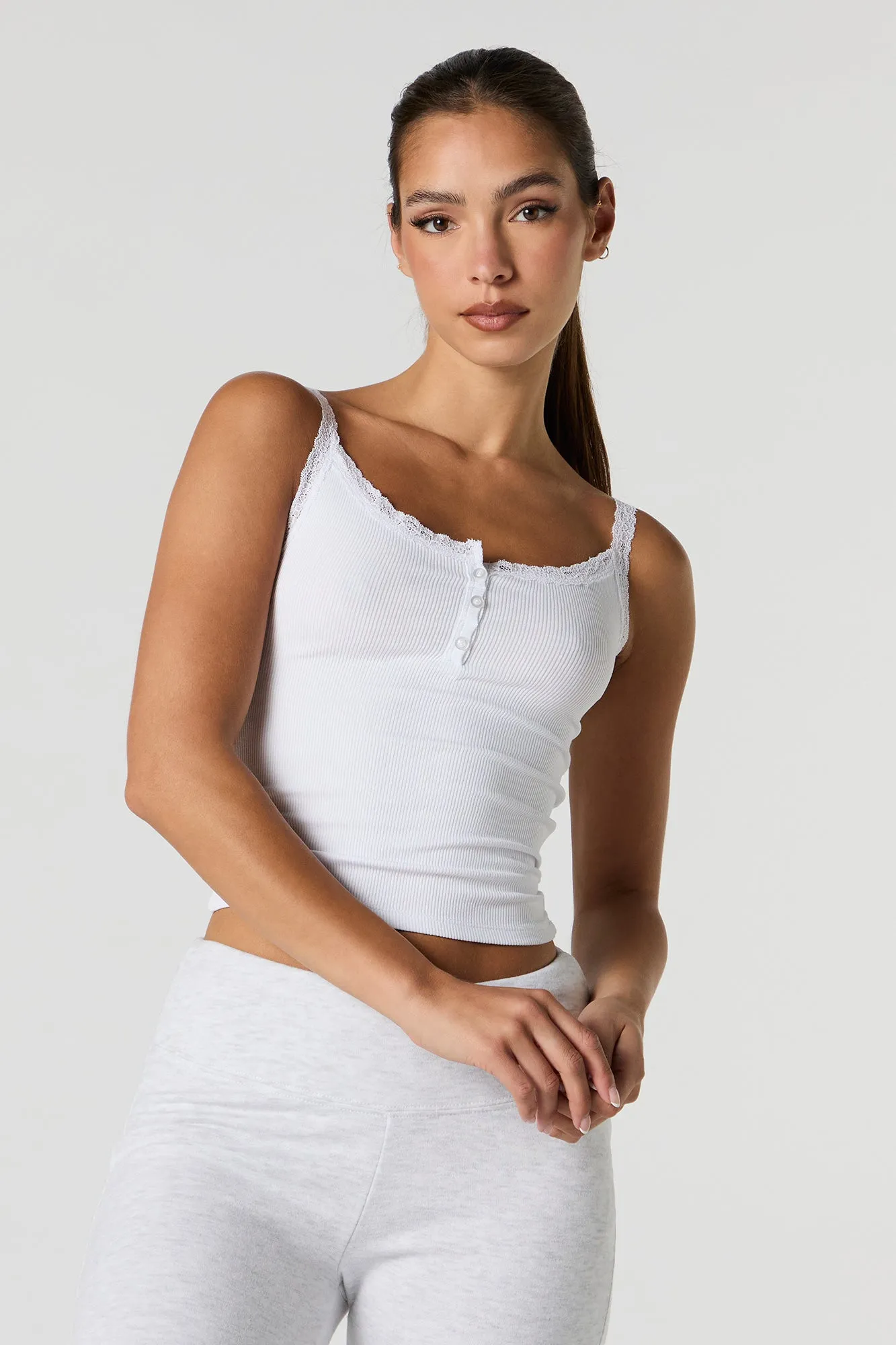 Ribbed Lace Trim Henley Tank sold by Urban Planet product image thumbnail 4