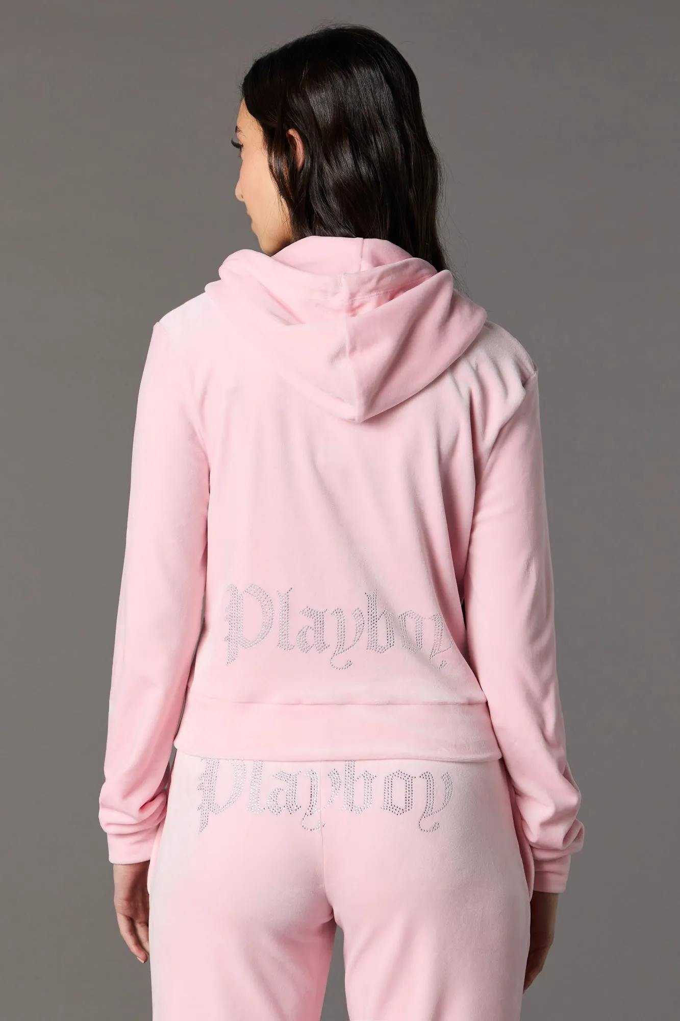 Haut à capuchon en velours à imprimé Playboy avec pierres du Rhin et fermeture à glissière sold by Urban Planet product image thumbnail 2