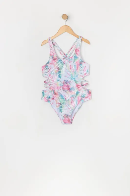 Girls Tropical Print Strappy One Piece Swimsuit with built-in cups sold by Urban Planet