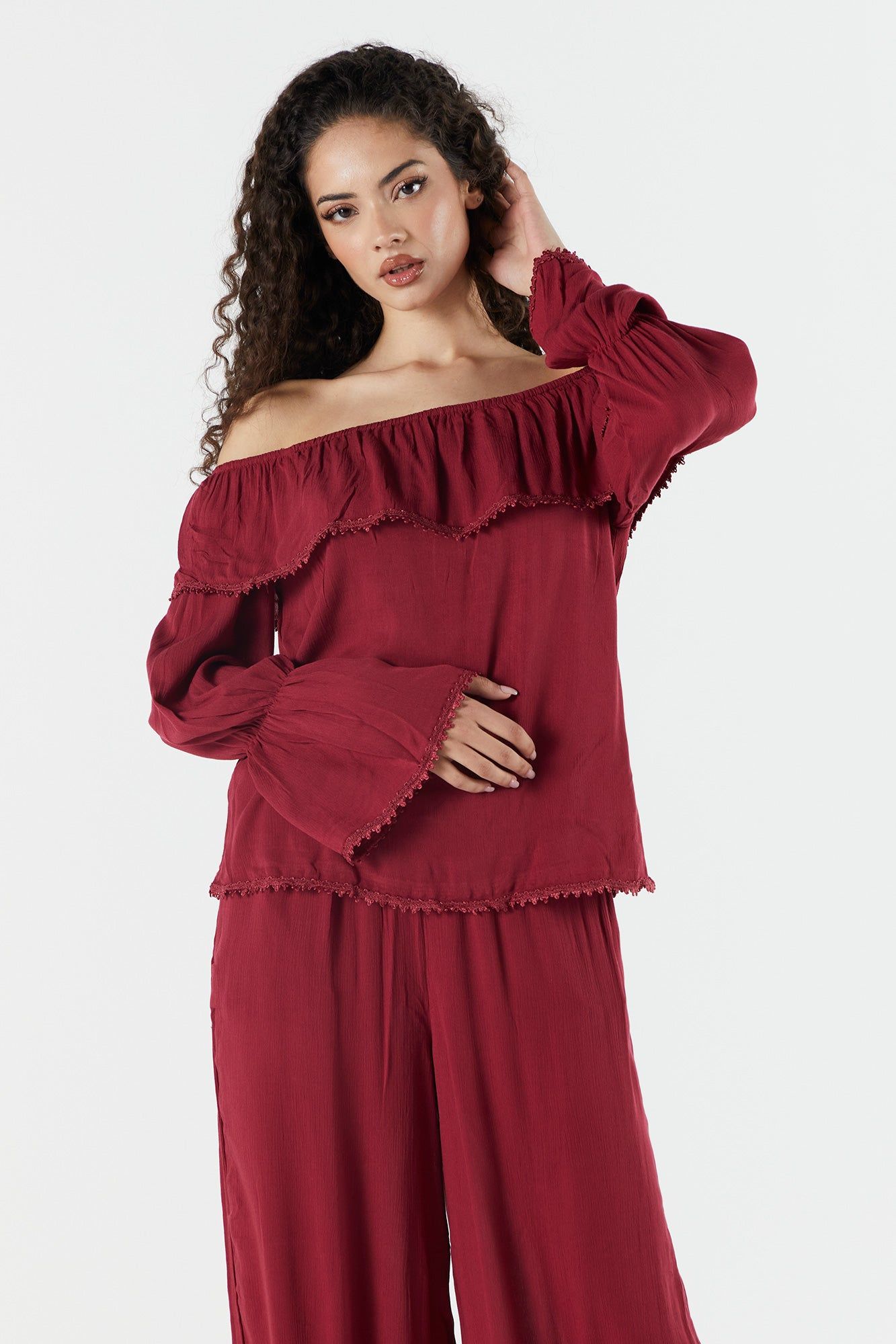 Off Shoulder Ruffle Top sold by Urban Planet