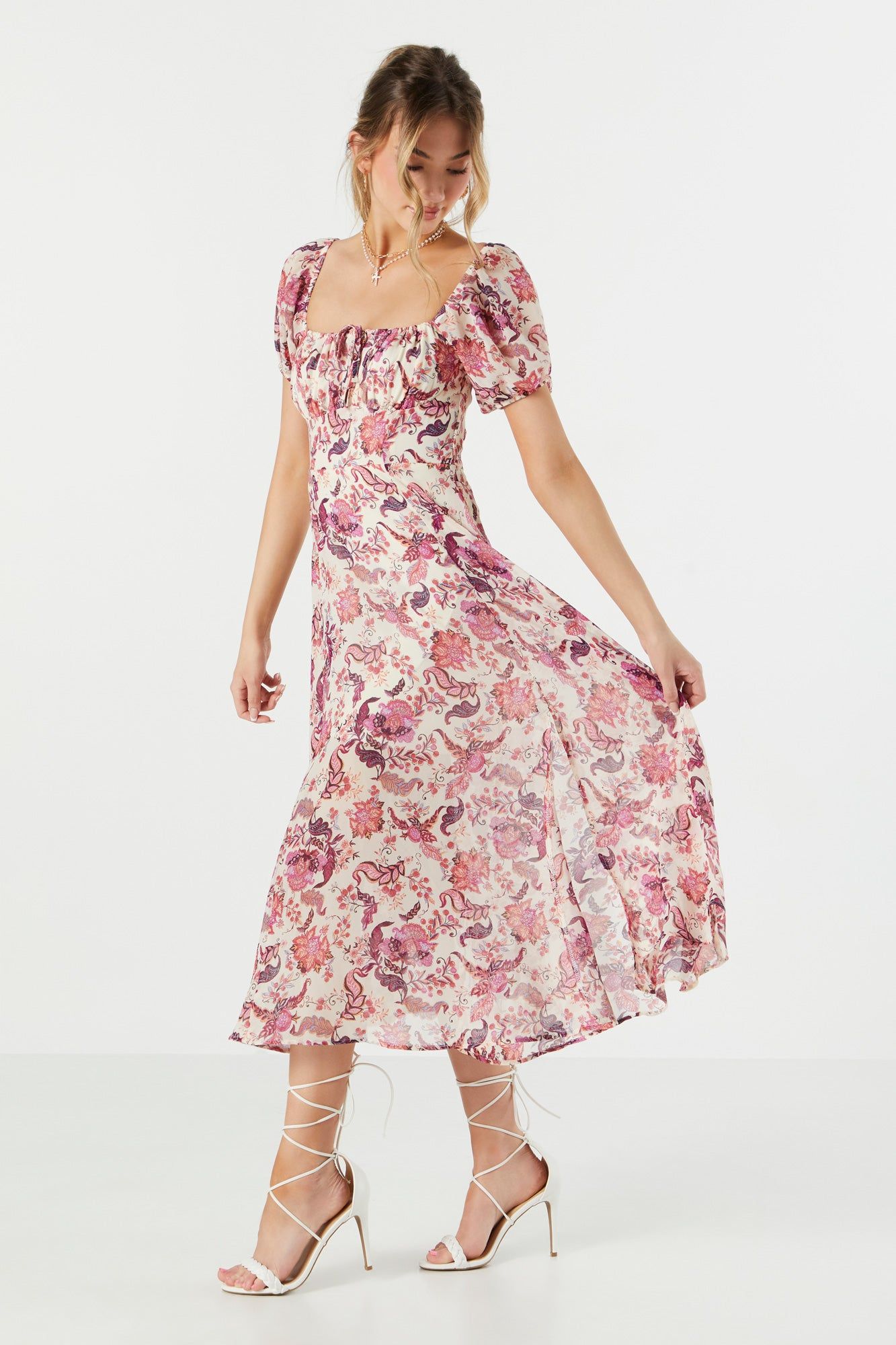 White Floral Chiffon Milkmaid Midi Dress sold by Urban Planet product image thumbnail 3