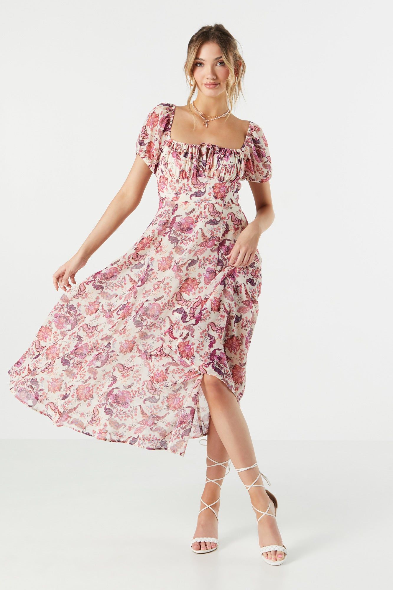 White Floral Chiffon Milkmaid Midi Dress sold by Urban Planet