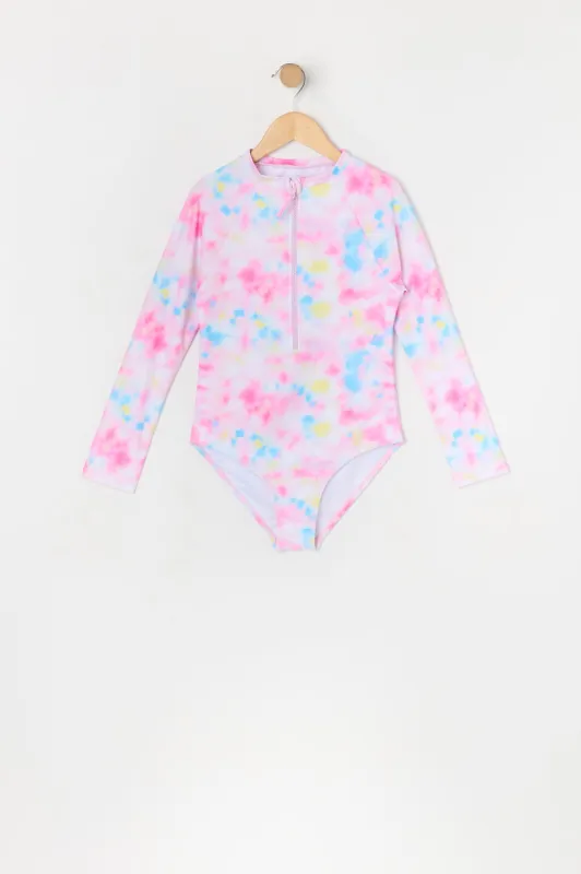 Girls Tie Dye Print One Piece Rashguard Swimsuit made by Urban Planet