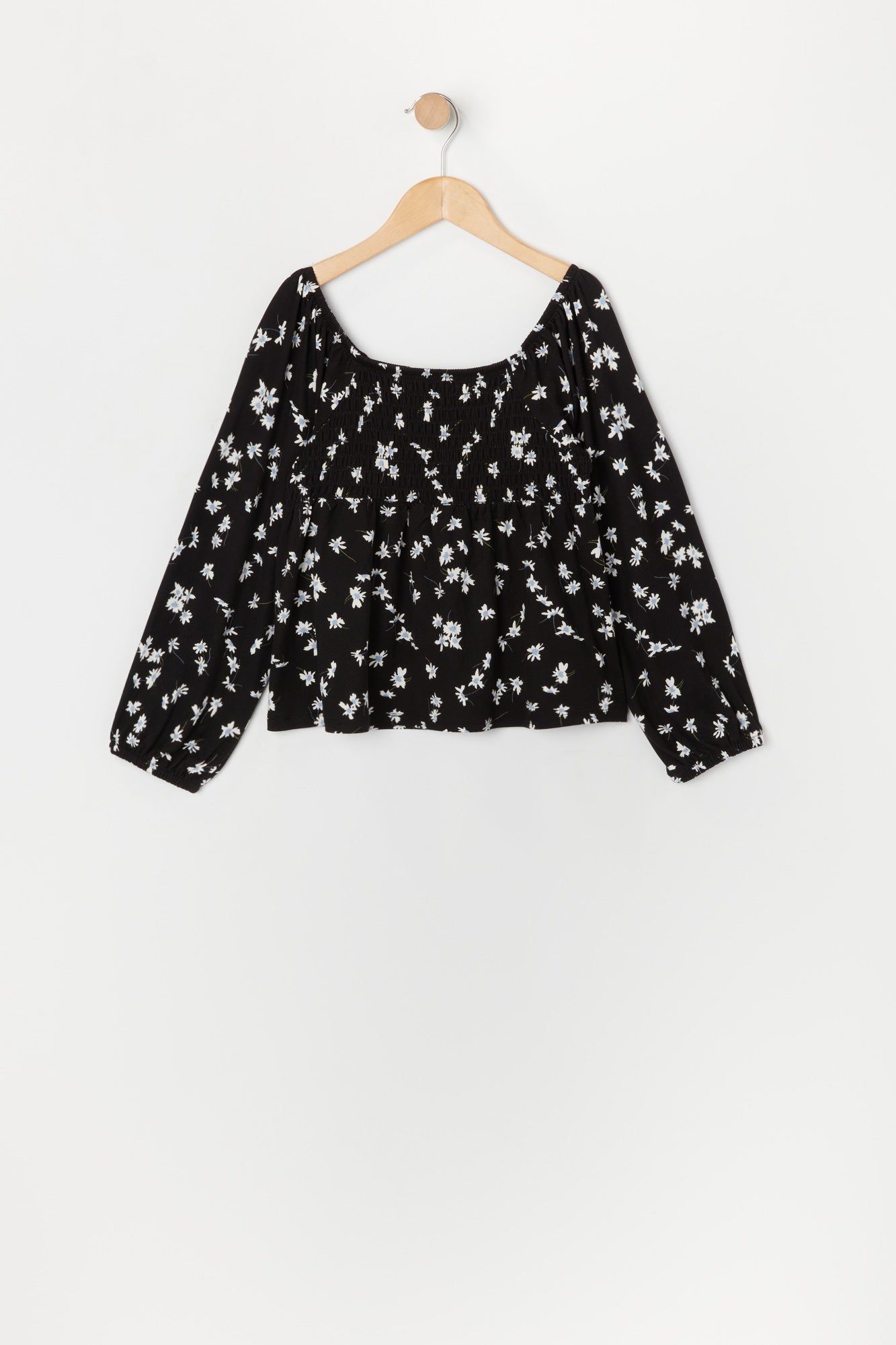 Girls Black Floral Smocked Long Sleeve Top sold by Urban Planet product image thumbnail 2