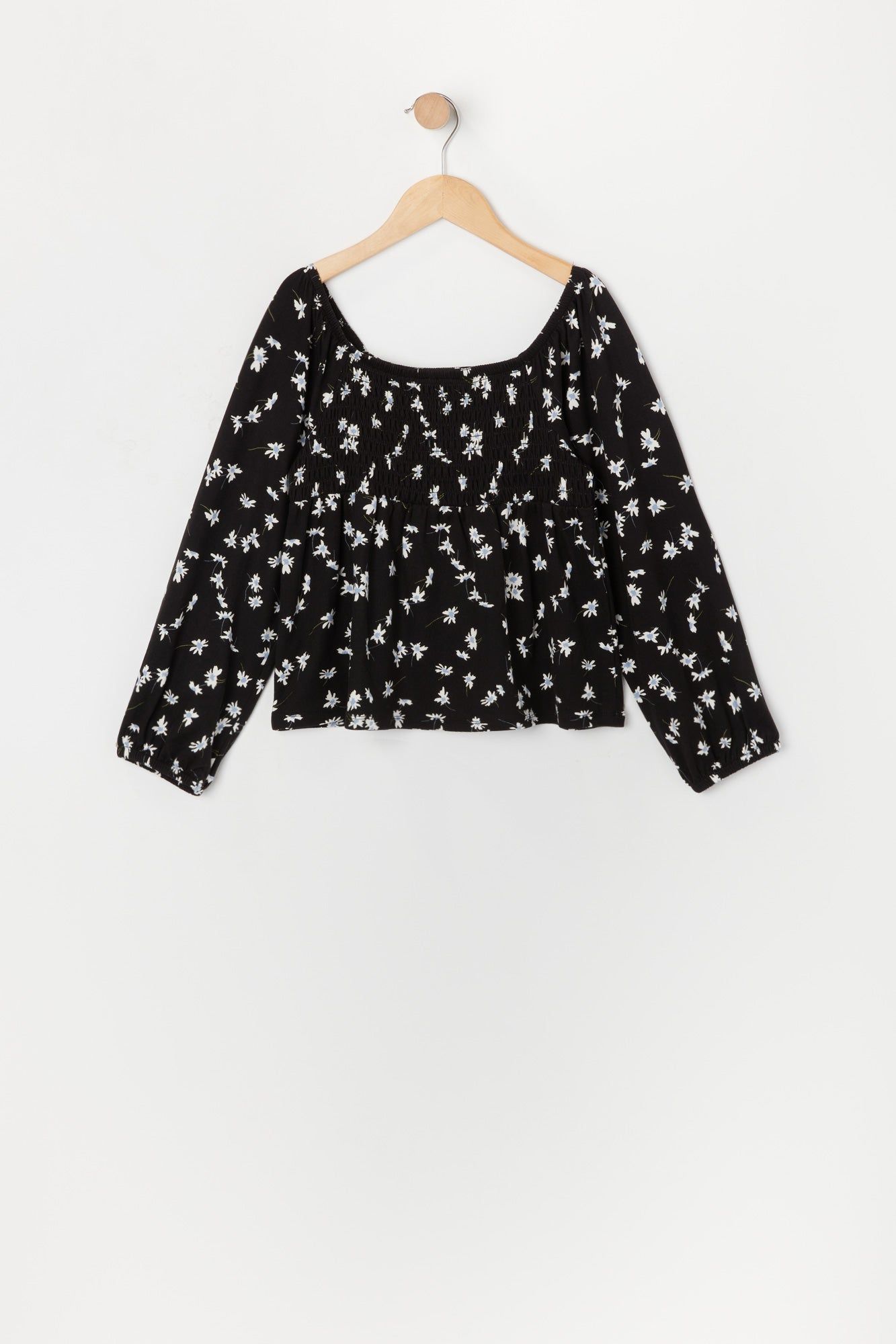 Girls Black Floral Smocked Long Sleeve Top sold by Urban Planet