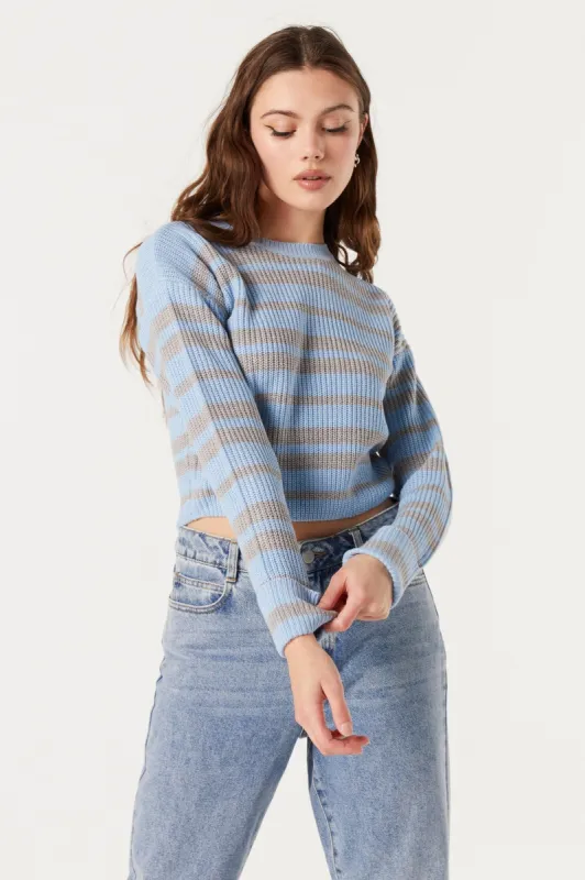 Blue Striped Long Sleeve Cropped Knit Sweater sold by Urban Planet
