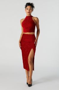 Red Textured Velvet Slit Midi Skirt sold by Urban Planet