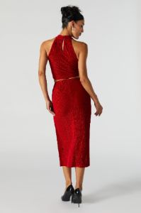 Red Textured Velvet Slit Midi Skirt sold by Urban Planet