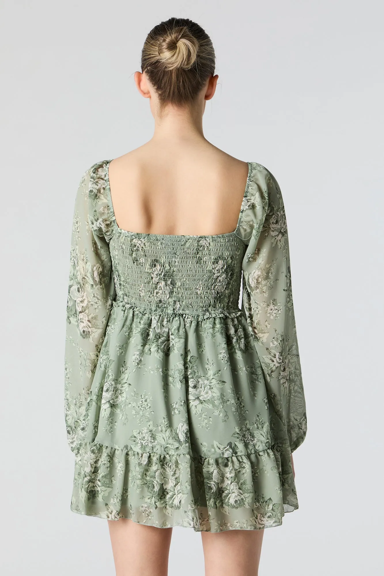 Green Floral Smocked Long Sleeve Mini Dress sold by Urban Planet product image thumbnail 2