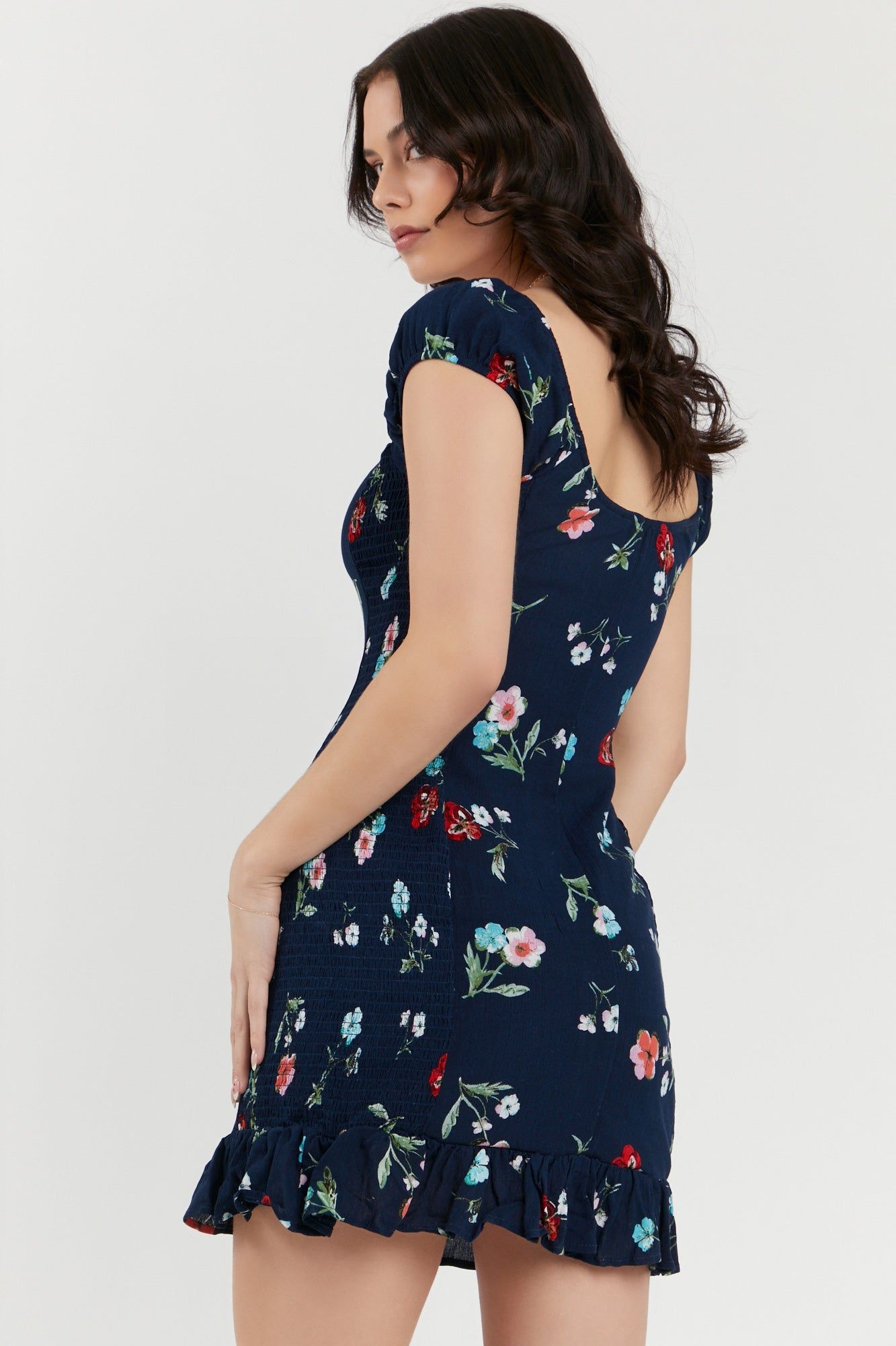 Navy Floral Print Smocked Mini Dress sold by Urban Planet product image thumbnail 3