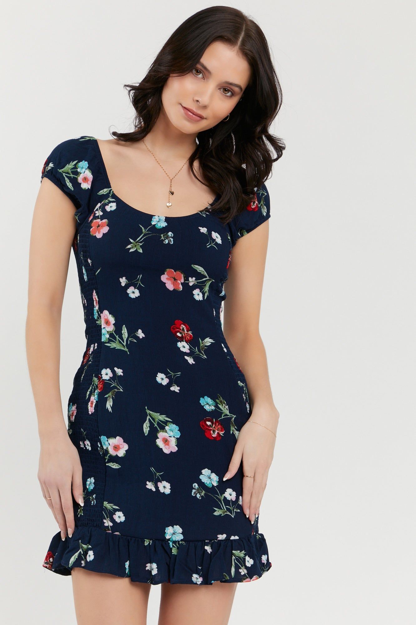 Navy Floral Print Smocked Mini Dress sold by Urban Planet