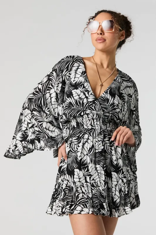 Hawaiian Print Surplice Bell Sleeve Flowy Romper sold by Urban Planet