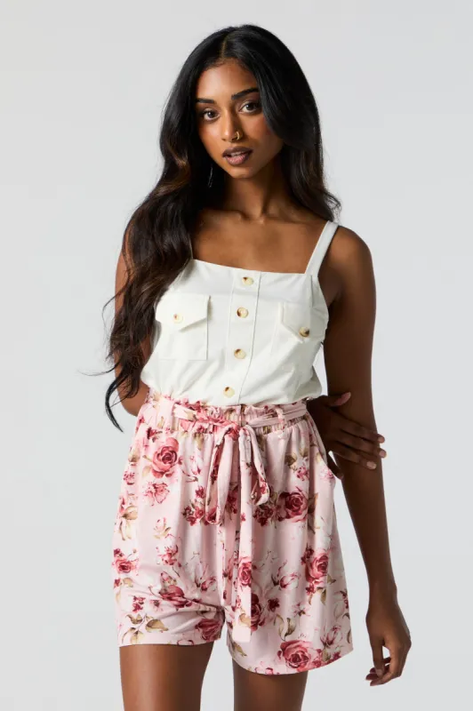 Pink Floral Paperbag Button-Up Romper sold by Urban Planet