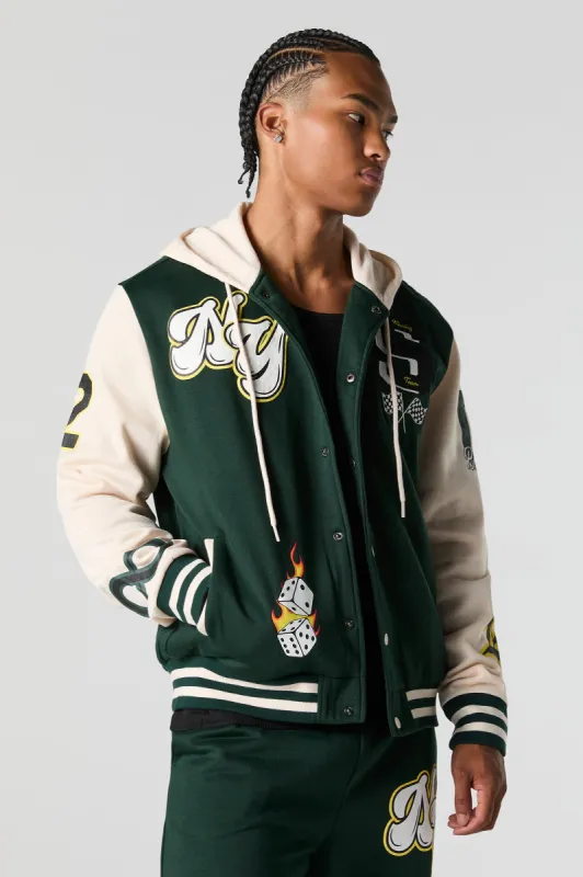 NY Racing Embroidered Fleece Varsity Jacket sold by Urban Planet