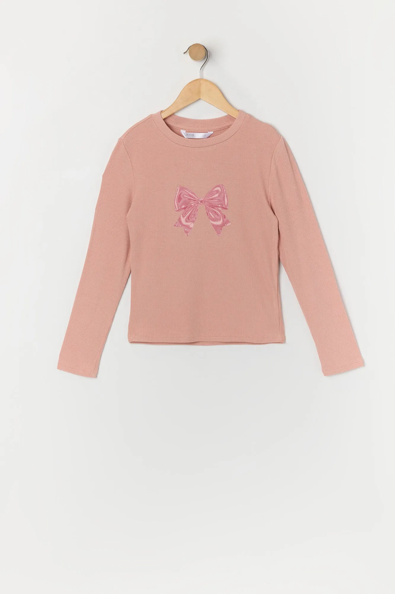 Girls Rhinestone Bow Graphic Long Sleeve Top sold by Urban Planet