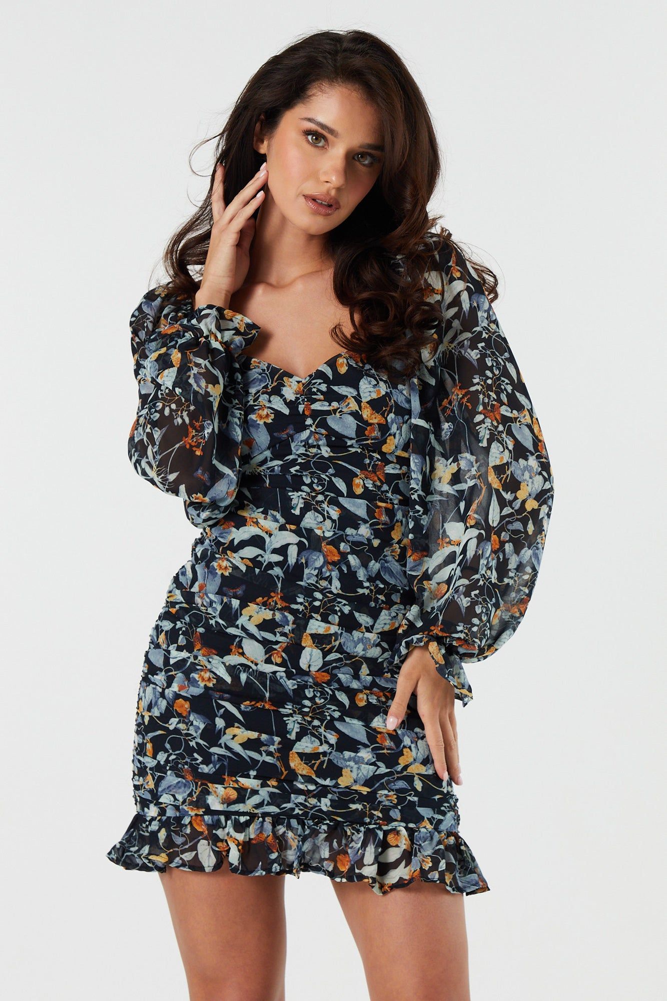 Floral Chiffon Sweetheart Long Sleeve Mini Dress sold by Urban Planet
