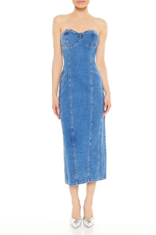 Denim Sweetheart Strapless Midi Dress sold by Urban Planet