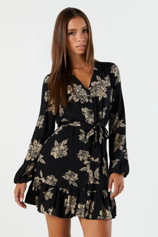 Black Floral Belted Long Sleeve Mini Dress sold by Urban Planet