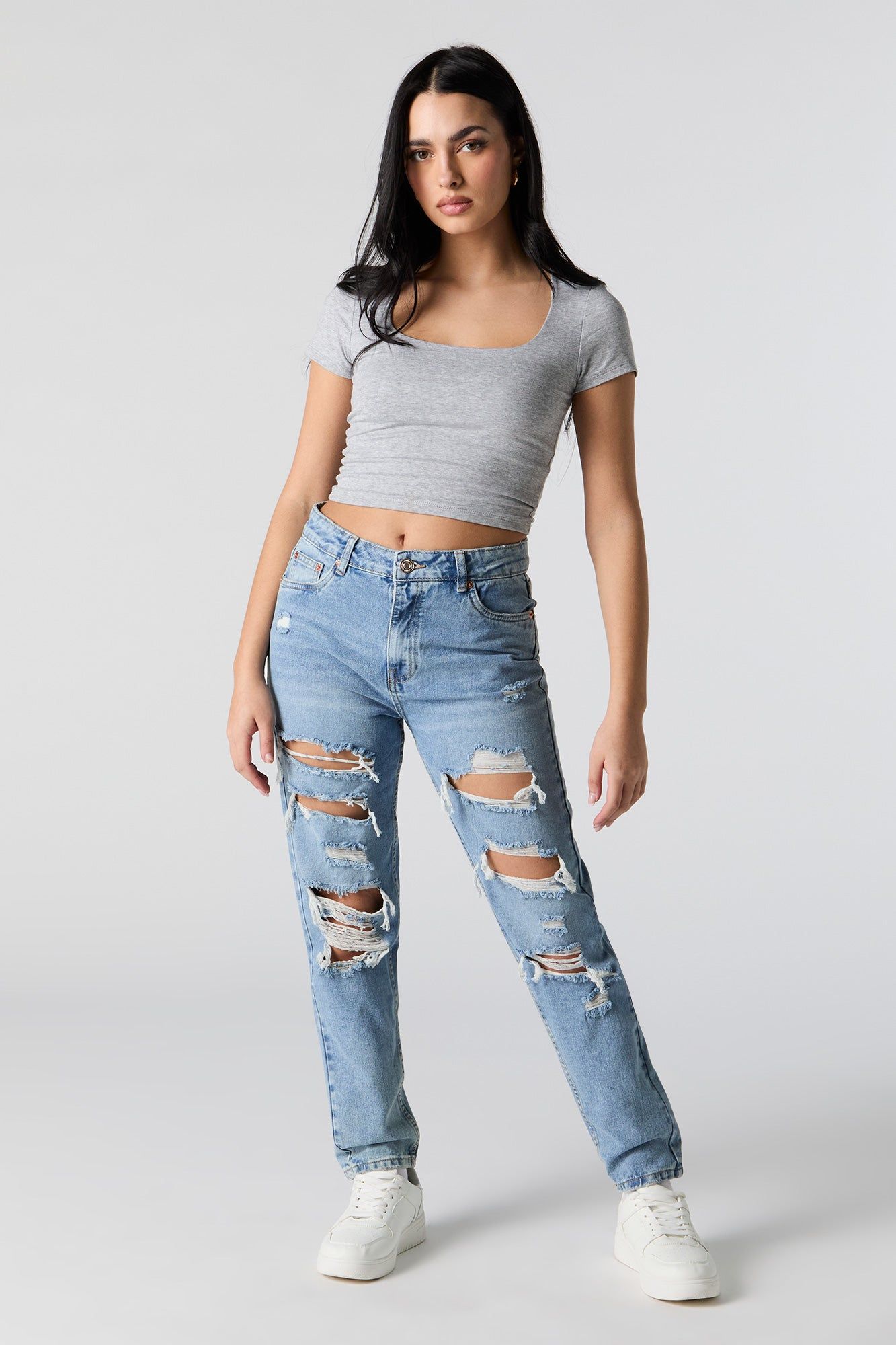 Medium Wash Distressed High Rise Mom Jean sold by Urban Planet