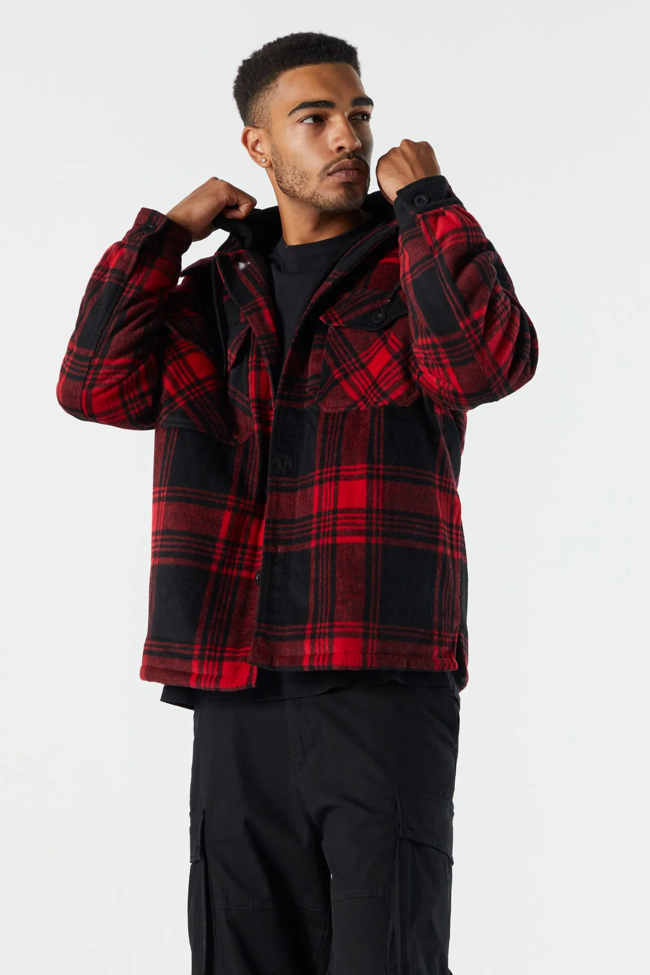 Hooded Plaid Shacket sold by Urban Planet