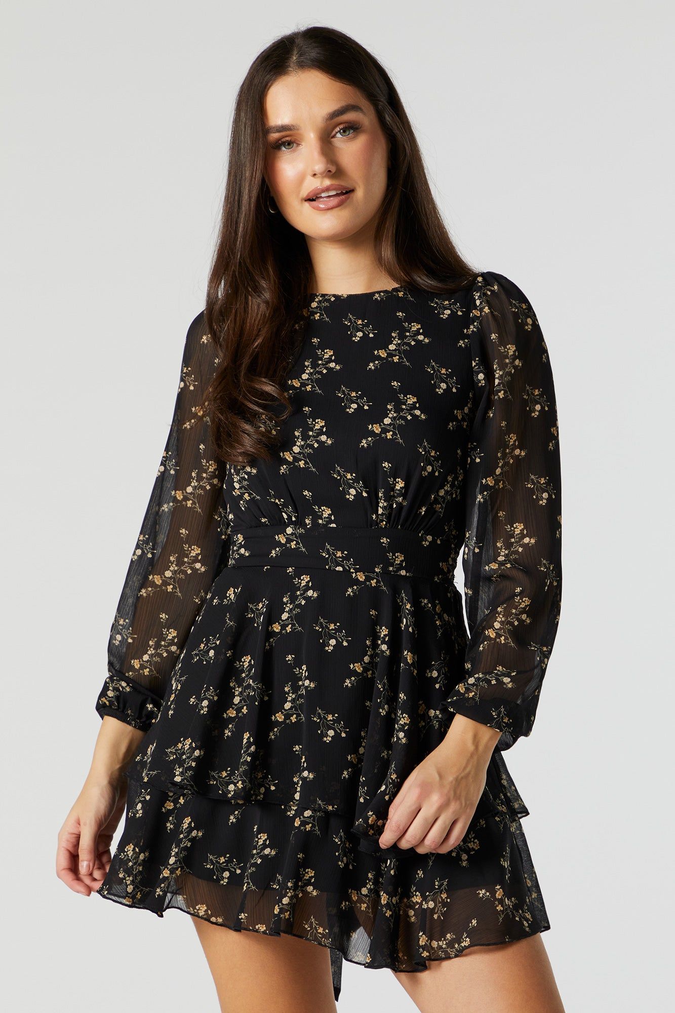 Chiffon Floral Long Sleeve Tiered Mini Dress sold by Urban Planet product image thumbnail 4