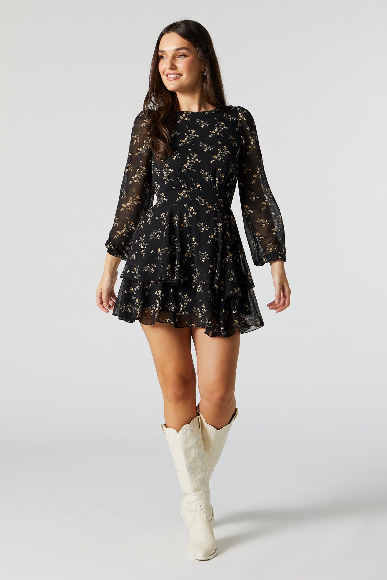 Chiffon Floral Long Sleeve Tiered Mini Dress sold by Urban Planet product image thumbnail 3