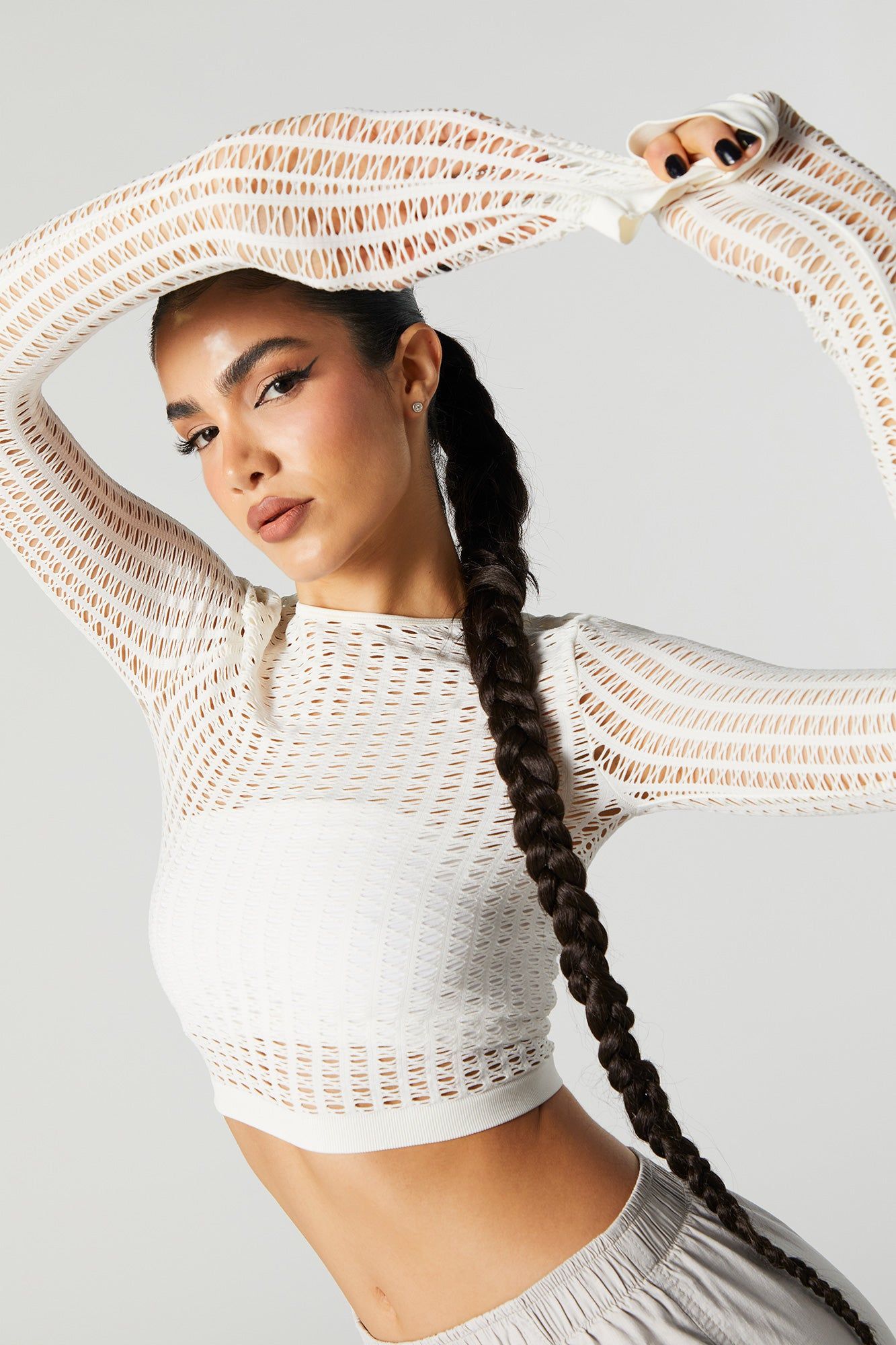 Open Knit Cropped Long Sleeve Top sold by Urban Planet