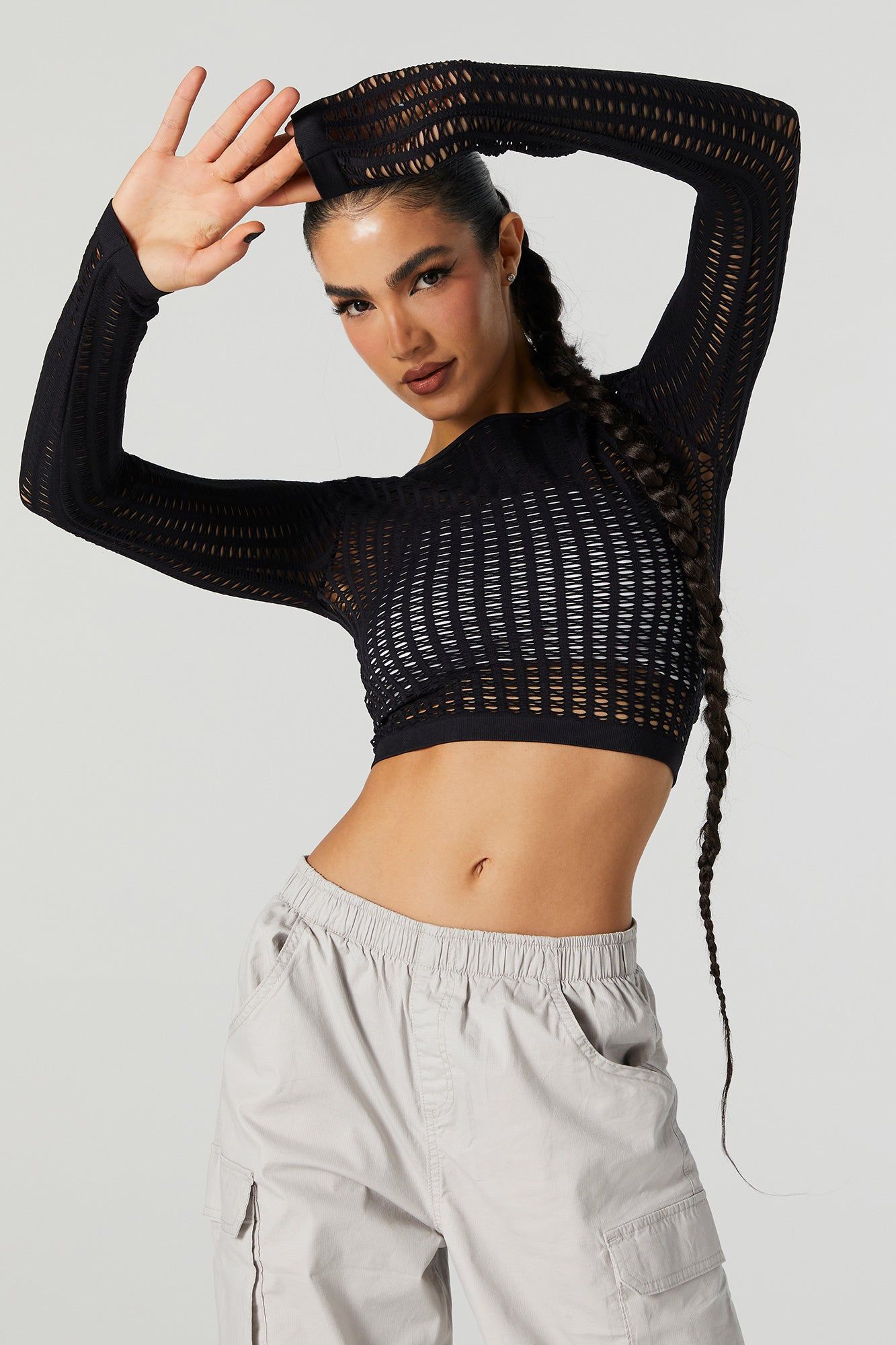 Open Knit Cropped Long Sleeve Top sold by Urban Planet product image thumbnail 5