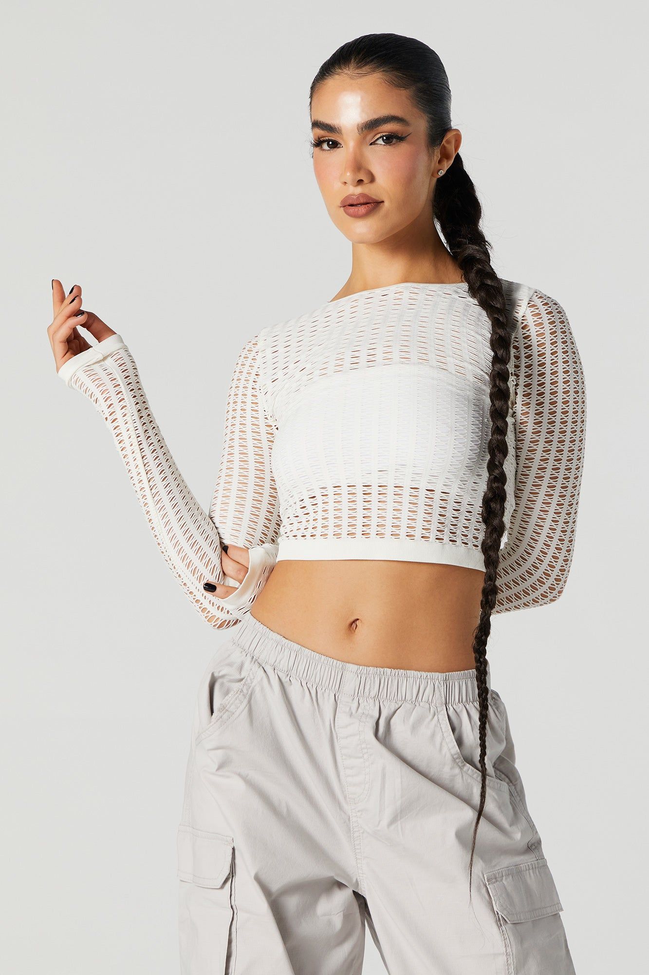 Open Knit Cropped Long Sleeve Top sold by Urban Planet product image thumbnail 4