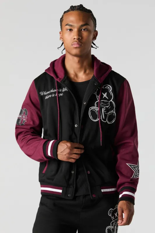 Bear Embroidered Fleece Varsity Jacket sold by Urban Planet