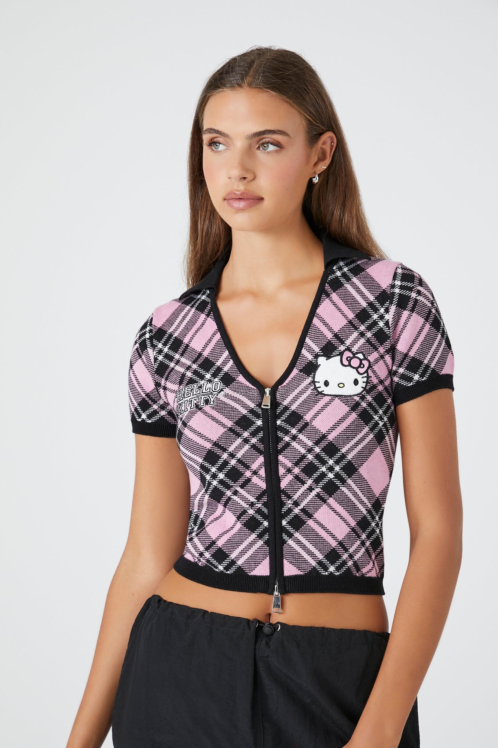 Hello Kitty Plaid Knit Zip-Up Top sold by Urban Planet