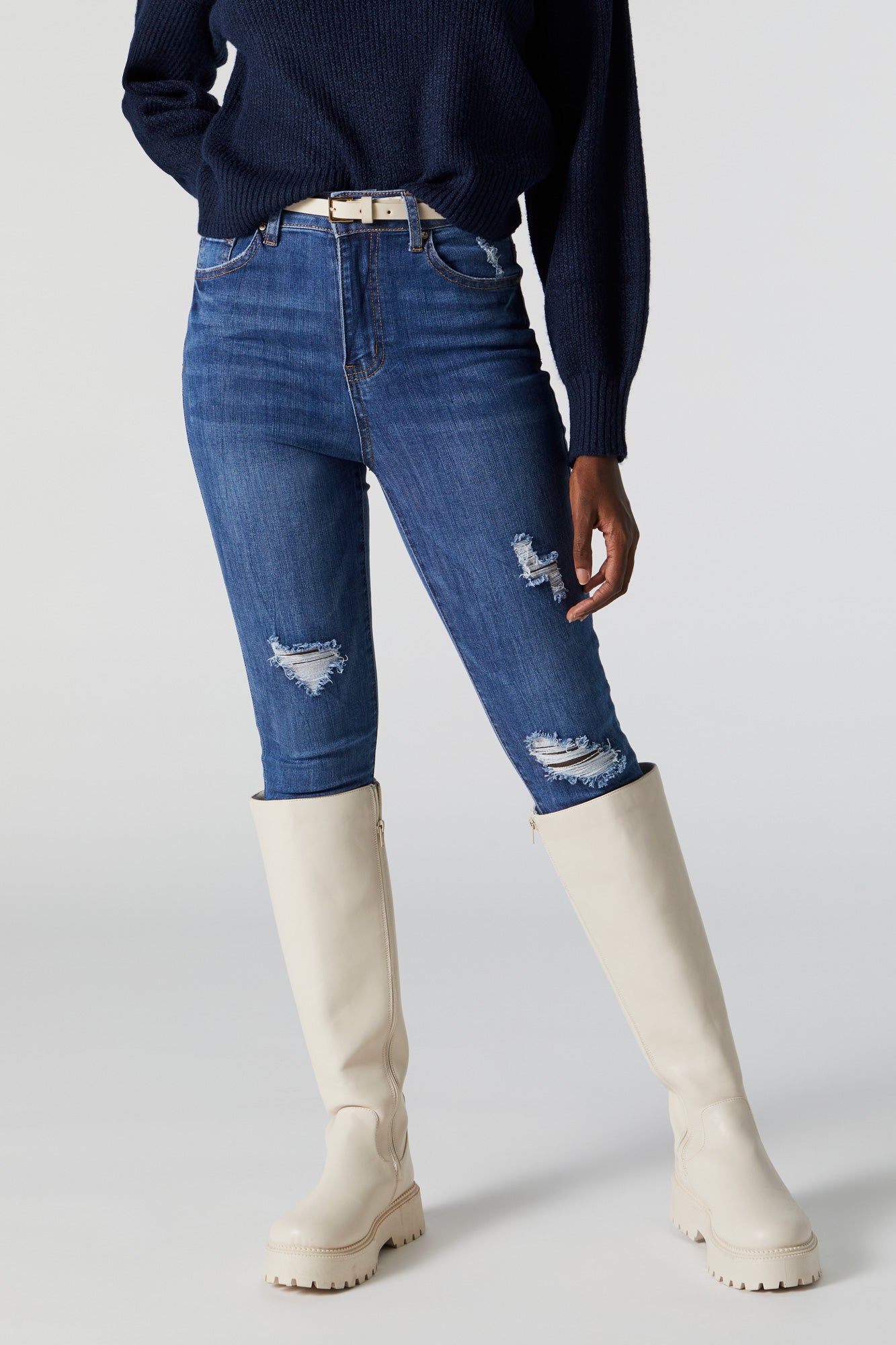 High Rise Dark Wash Distressed Skinny Jean sold by Urban Planet product image thumbnail 2