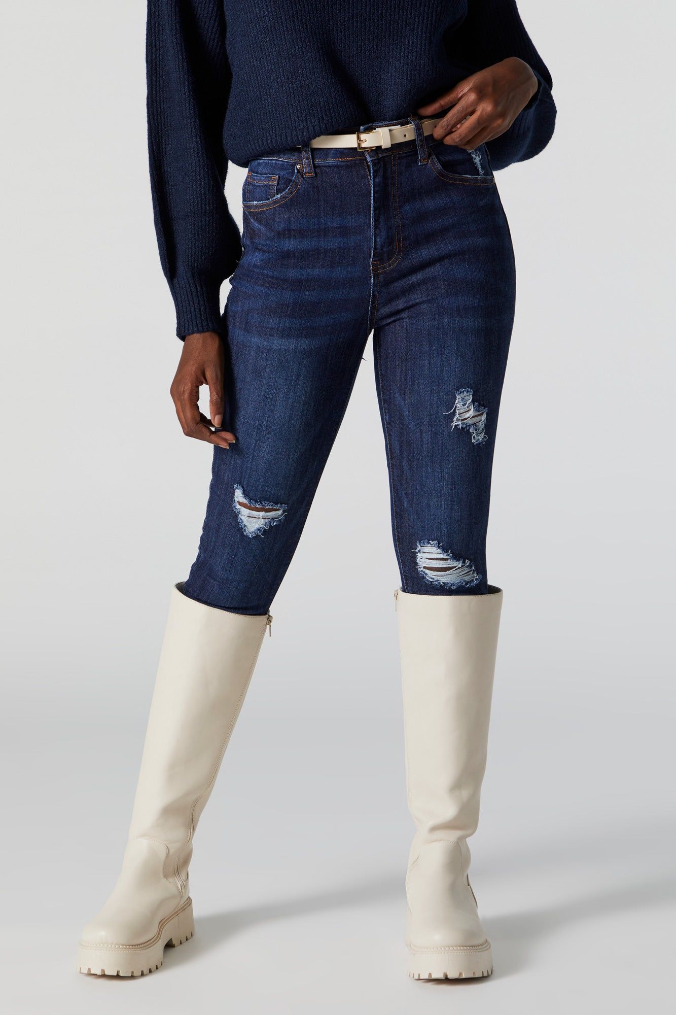 High Rise Dark Wash Distressed Skinny Jean sold by Urban Planet product image thumbnail 5