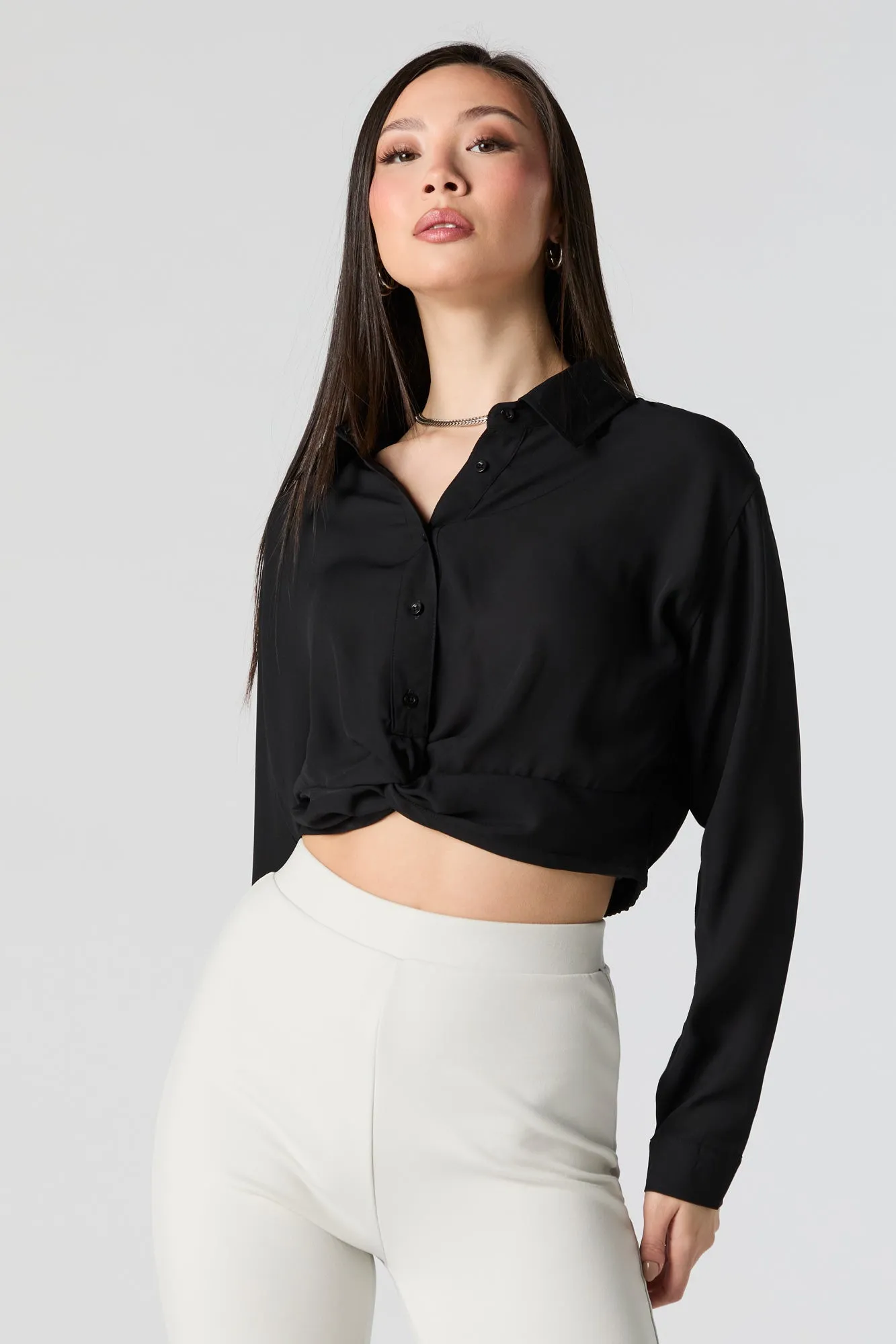 Twist Hem Button-Up Long Sleeve Top sold by Urban Planet product image thumbnail 4