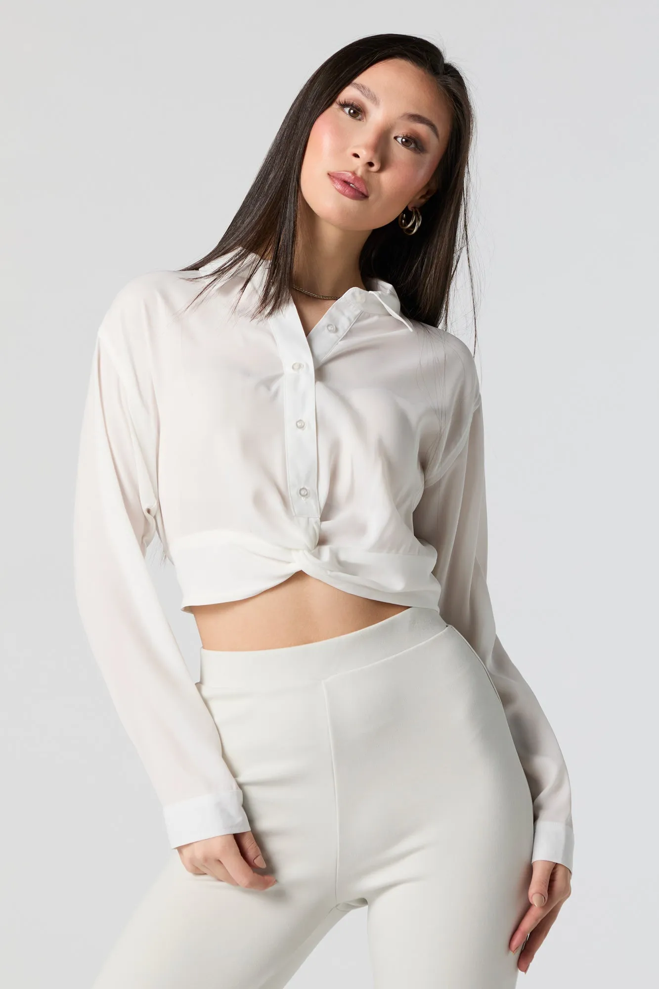Twist Hem Button-Up Long Sleeve Top sold by Urban Planet