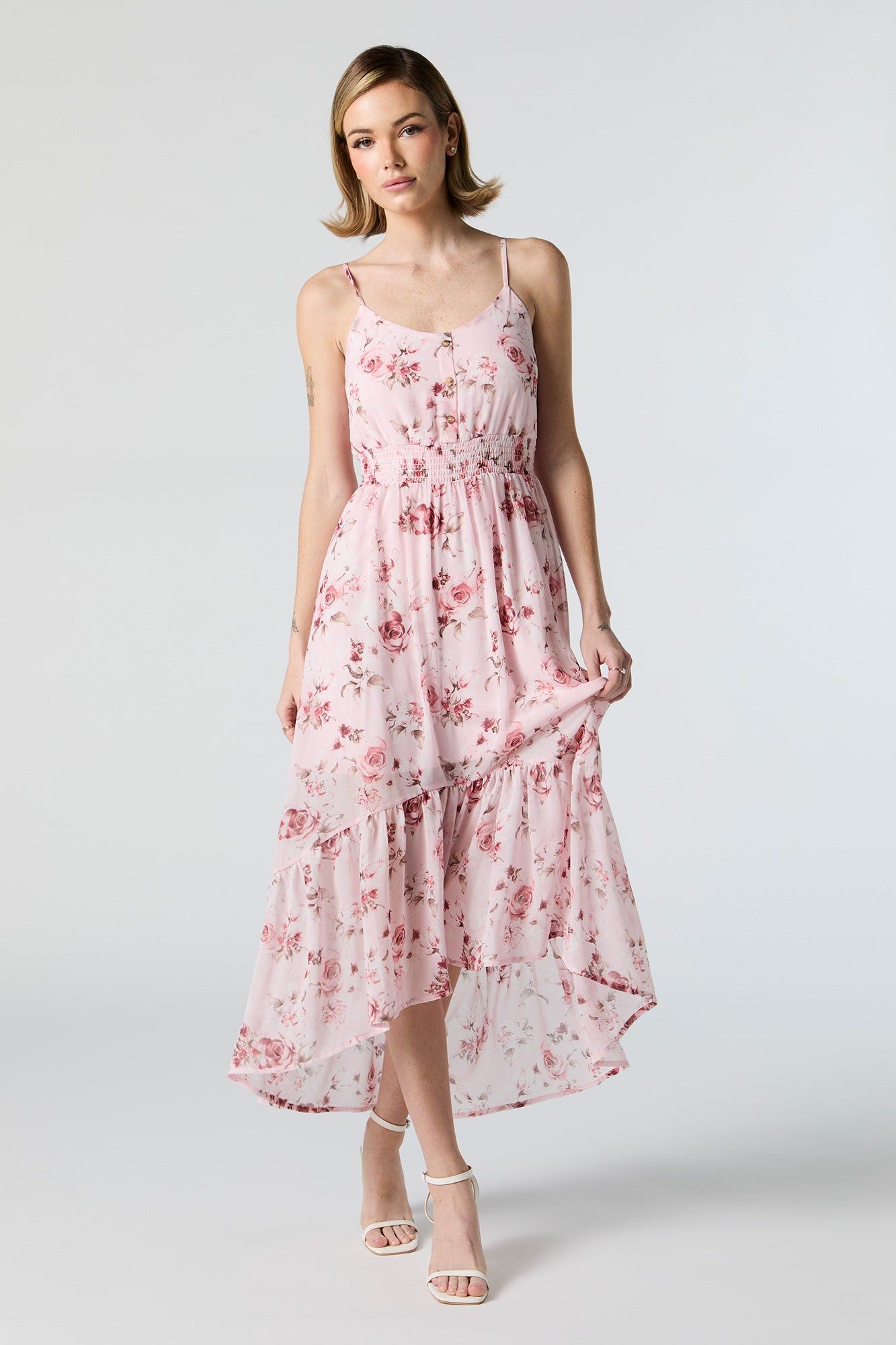 Rose Floral Chiffon High Low Midi Dress sold by Urban Planet