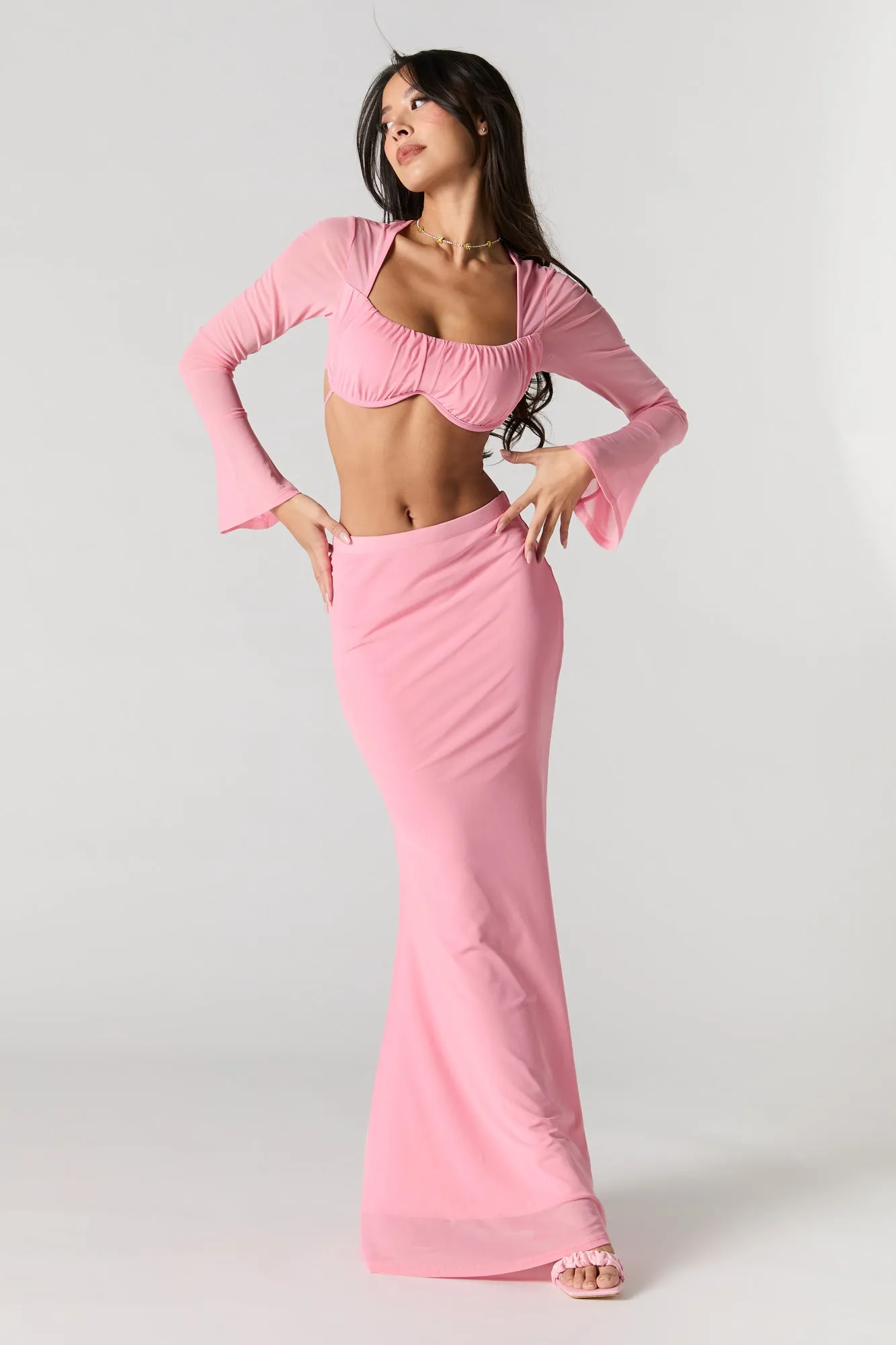 Haut ultracourt rose à manches longues en filet sold by Urban Planet product image thumbnail 3